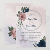 Roze & marine bloemen botanische krans bruiloft kaart (Voorkant / Achterkant)