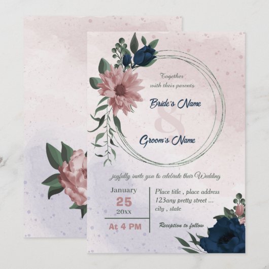 Roze & marine bloemen botanische krans bruiloft kaart (Voorkant / Achterkant)