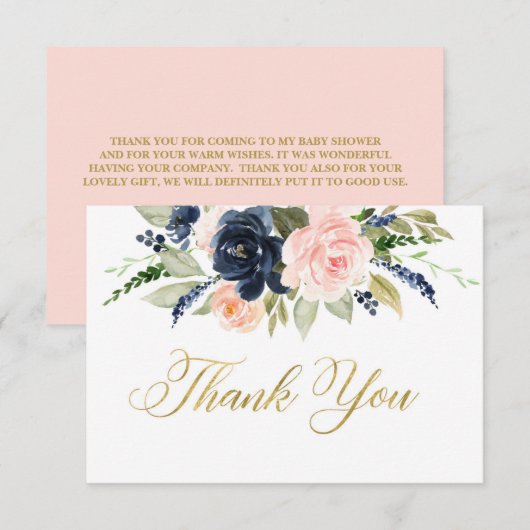 Roze marine dankkaart, bloemige babyshowerkaart bedankkaart (Voorkant / Achterkant)