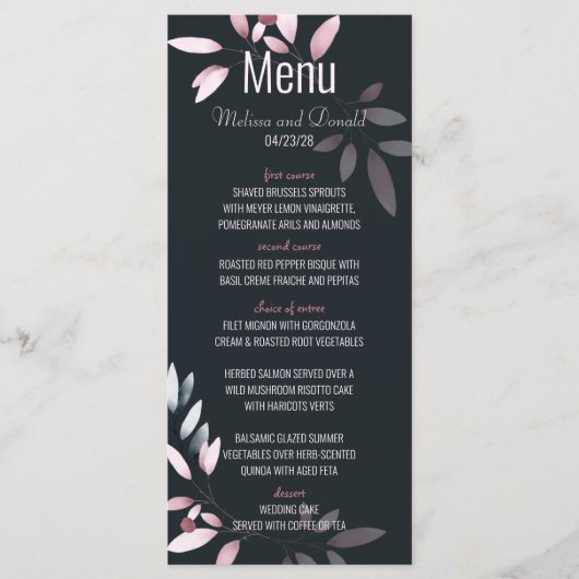Roze Marine Elegante Waterverf Bloemige Bruiloft Menu (Voorkant)