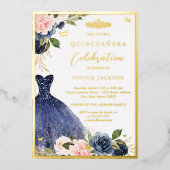 Roze marine Floral Tiara Dress Quinceanera Folie Uitnodiging (Voorkant)