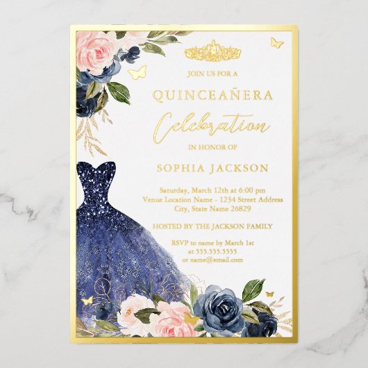 Roze marine Floral Tiara Dress Quinceanera Folie Uitnodiging (Voorkant)