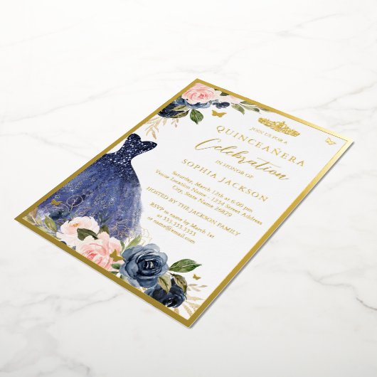 Roze marine Floral Tiara Dress Quinceanera Folie Uitnodiging (Gedraaid)