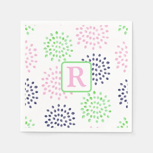Roze Marine Groen Bloem Patroon Waterverf Monogram Servet (Voorkant)