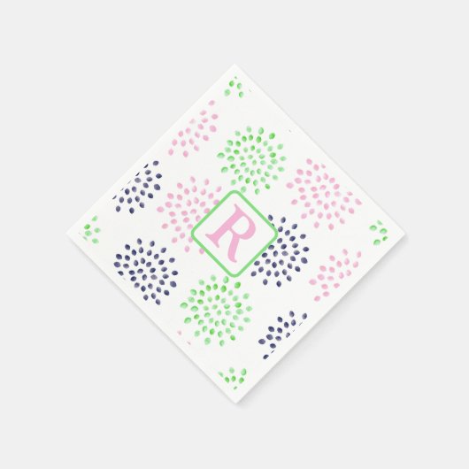 Roze Marine Groen Bloem Patroon Waterverf Monogram Servet (Hoek)