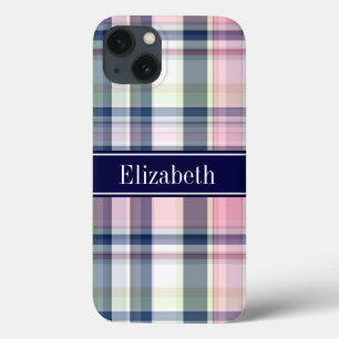 Roze Marine Groen Wit Preppy Madras N Monogram iPhone 13 Hoesje