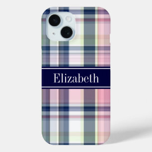 Roze Marine Groen Wit Preppy Madras N Monogram iPhone 15 Case