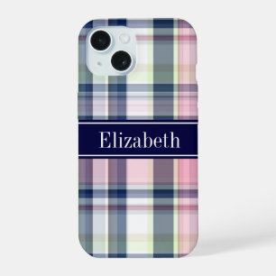 Roze Marine Groen Wit Preppy Madras N Monogram iPhone 15 Case