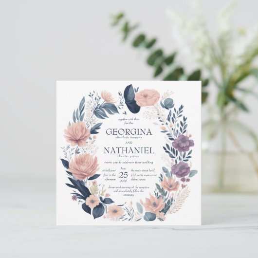  roze marine Paars Floral Foliage Weddenschap Kaart (Staand voorkant)