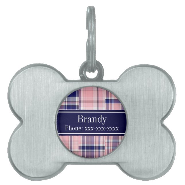 Roze marine Wht Preppy Patchwork Madras N Monogram Huisdieren Naamplaatje (voorkant)