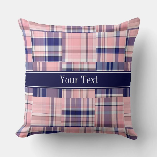 Roze Marine Witte Preppy Patchwork Madras N Monogr Kussen (Voorkant)