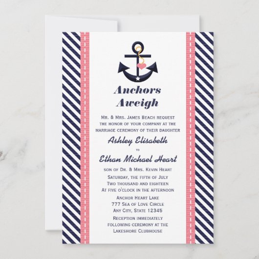 Roze marineblauw anchor Nautical Wedding Invitatio Kaart (Voorkant)