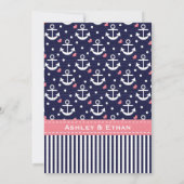 Roze marineblauw anchor Nautical Wedding Invitatio Kaart (Achterkant)