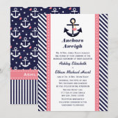 Roze marineblauw anchor Nautical Wedding Invitatio Kaart (Voorkant / Achterkant)