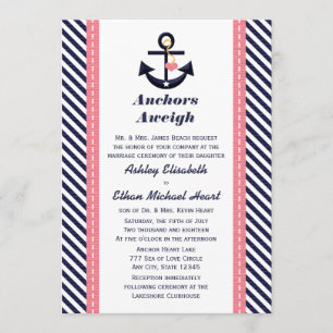 Roze marineblauw anchor Nautical Wedding Invitatio Kaart