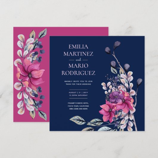 Roze Marineblauw Bloemige Trouwbudget Kaart (Voorkant / Achterkant)