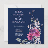 Roze Marineblauw Bloemige Trouwbudget Kaart (Voorkant)