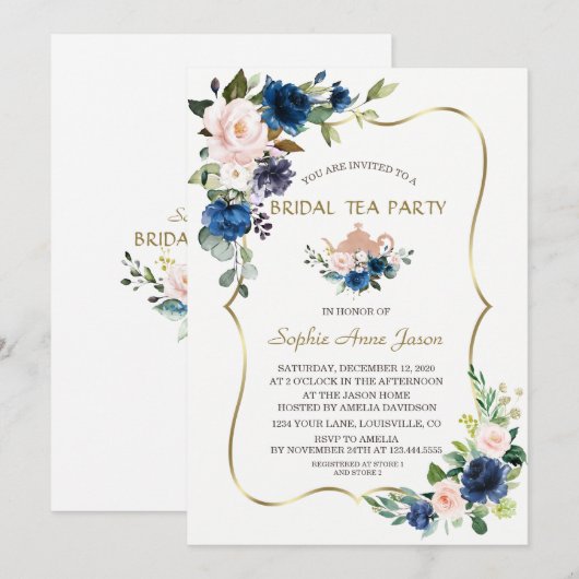 Roze marineblauw drijfveer goudbridale theepartij kaart (Voorkant / Achterkant)