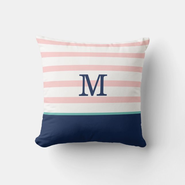 Roze, marineblauw en Blauwgroen monogram Kussen (Voorkant)