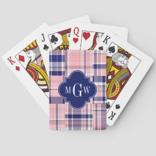 Roze, Marineblauw Preppy Patchwork Madras Monogram Pokerkaarten