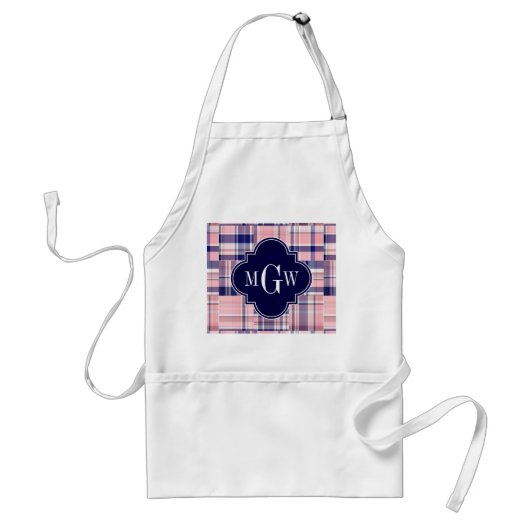 Roze, marineblauw preppy patchwork Madras-monogram Standaard Schort (Voorkant)