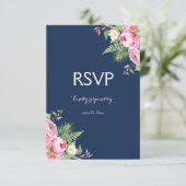 Roze marineblauw Waterverf bloemen RSVP (Staand voorkant)