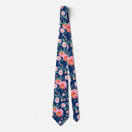 Roze marineblauw Waterverf Roos Pattern Weddenscha Stropdas