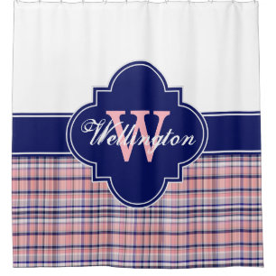 Roze Marineblauw Witte Madras Plaid 1ICBR Naam Douchegordijn