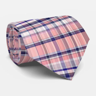 Roze Marineblauw Witte Preppy Madras Plaid Stropdas