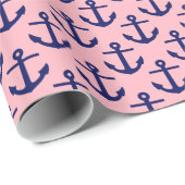 Roze, marineblauwe ankerpatroon cadeaupapier (Rol Hoek)