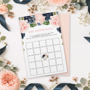 Roze marineblauwe bloemachtige baby shower bingo