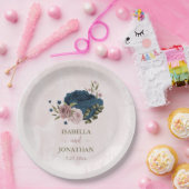 roze marineblauwe bloemen botanische bruiloft papieren bordje (Feest)