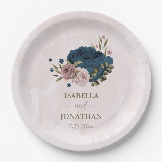 roze marineblauwe bloemen botanische bruiloft papieren bordje (Voorkant)