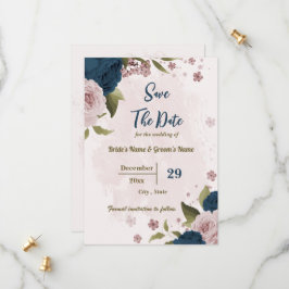 Roze & marineblauwe bloemen botanische bruiloft save the date