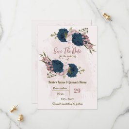 Roze & marineblauwe bloemen botanische bruiloft save the date