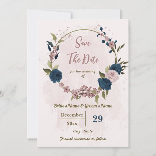 Roze & marineblauwe bloemen botanische bruiloft save the date (Voorkant)