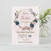 Roze & marineblauwe bloemen botanische bruiloft save the date (Staand voorkant)