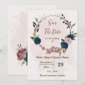 Roze & marineblauwe bloemen botanische bruiloft save the date (Voorkant / Achterkant)