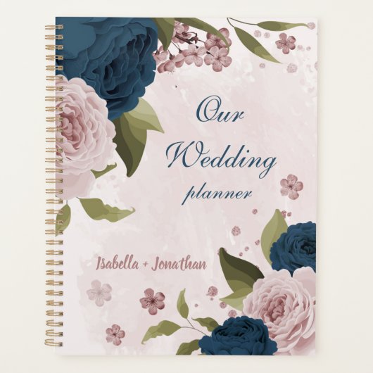 roze marineblauwe bloemen bruiloft planner (Voorkant)