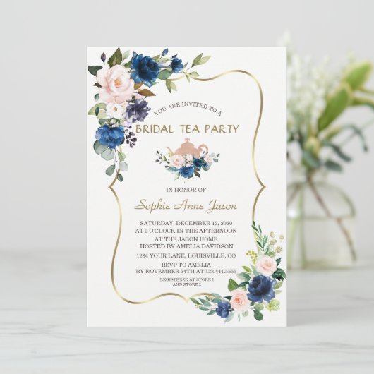 Roze marineblauwe bloemen gouden bruiloft thee par kaart (Staand voorkant)