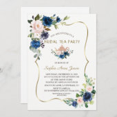 Roze marineblauwe bloemen gouden bruiloft thee par kaart (Voorkant / Achterkant)