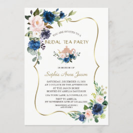 Roze marineblauwe bloemen gouden bruiloft thee par kaart