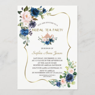 Roze marineblauwe bloemen gouden bruiloft thee par kaart