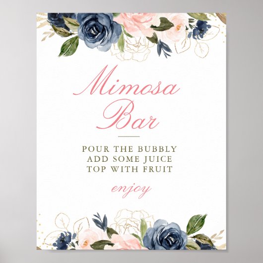 roze & marineblauwe bloemige bruidsdouche mimosa b poster (Voorkant)