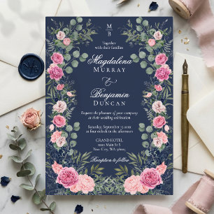 Roze Marineblauwe Bloemige Eucalyptus Groenery Tro Folie Uitnodiging