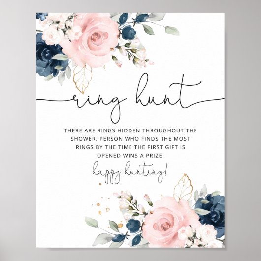 Roze marineblauwe bloemige ring jacht bruiloft spe poster (Voorkant)