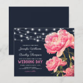 Roze & marineblauwe budget bruiloft uitnodigingen  (Voorkant / Achterkant)