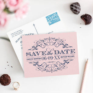 Roze marineblauwe krulwerk Save the Date Aankondigingskaart