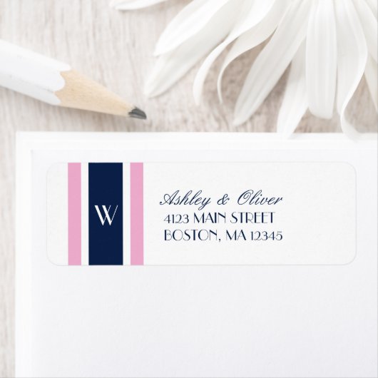 Roze & marineblauwe strepen | Monogram Etiket (Insitu)