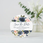 Roze & Marineblauwe Waterverf Bloemen Moderne Trou Save The Date (Staand voorkant)